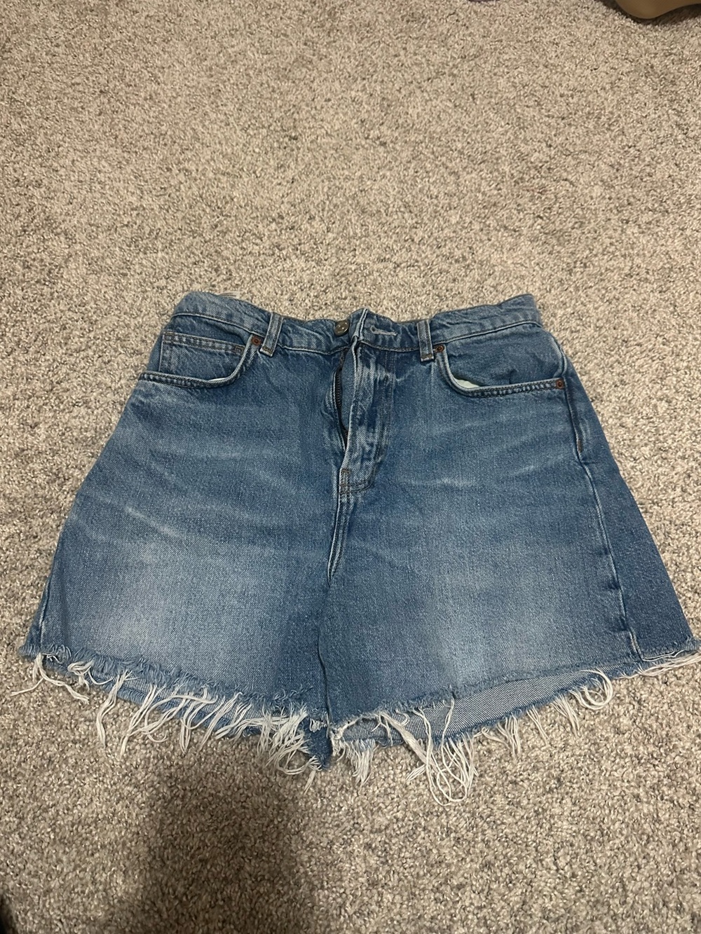 Reformation Washed Blue High-Rise Frayed Hem Jean Shorts